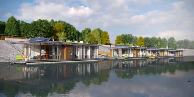 casas flotantes en el río Danubio vistas de día