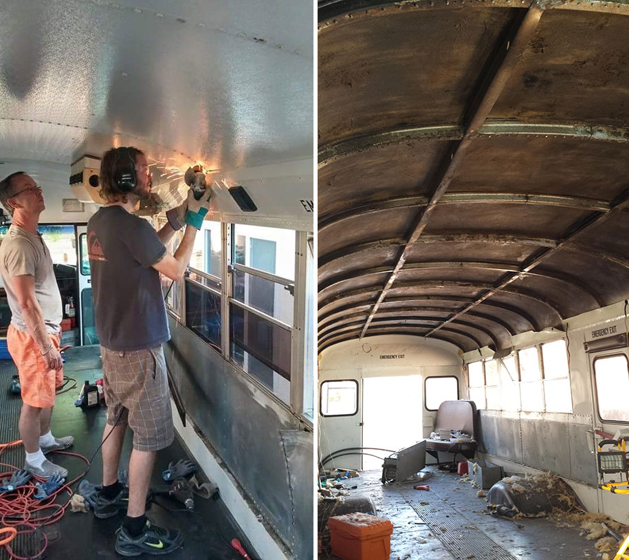 viejo autobús escolar convertido en casa - reformado con ayuda de su padre