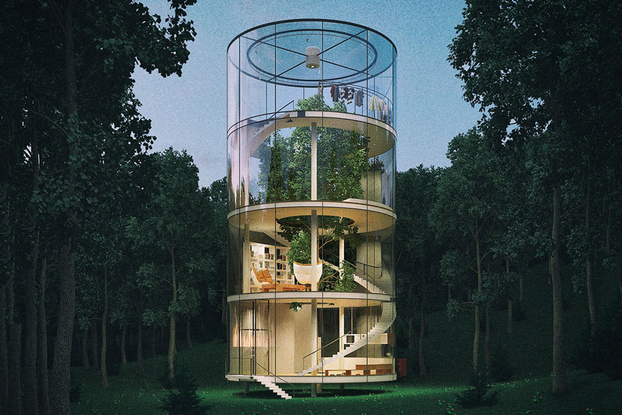 diseño casa circular en un bosque 3